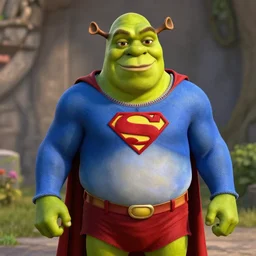 shrek wearing a superman costume
