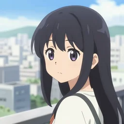 anime visual, portrait of a black haired girl sightseeing above the bright city on day, cute face by yoh yoshinari, katsura masakazu, dramatic lighting, dynamic pose, dynamic perspective, strong silhouette, ilya kuvshinov, anime cels, rounded eyes, detailed facial features, bright daylight