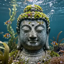 a stunning ultra detailed underwater fantasy closeup photo of a buddha head granite statue covered by moss, surrounded by bioluminescent sea plant vines and angelfish, by tomasz alen kopera and tom bagshaw, water bubbles, very detailed, deep depth of field, 8 5 mm lens, soft lighting, artstation, highly coherent, 8 k