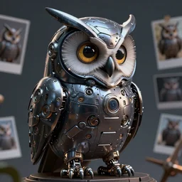 an evil, malevolent, mechincal owl looking at photos. this 4 k hd image is trending on artstation, featured on behance, well - rendered, extra crisp, features intricate detail and the style of unreal engine. volumetric lighting