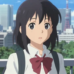 anime fine details portrait of a school girl in front of modern tokyo city landscape on the background deep bokeh, close-up view, anime masterpiece by Makoto Shinkai, 8k, sharp high quality anime, artstation