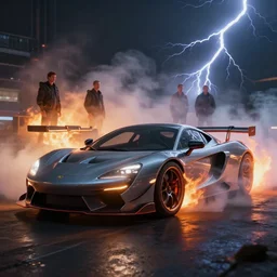 sport car in a smoke, unreal engine render. flames, lightning, cinematic lighting. peder balke, john watkiss, and paul gustav fischer.