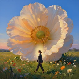 closeup, giant flower head, girl in suit walking in field of flowers, surreal photography, sunrise, blue sky, dramatic light, impressionist painting, digital painting, artstation, simon stalenhag
