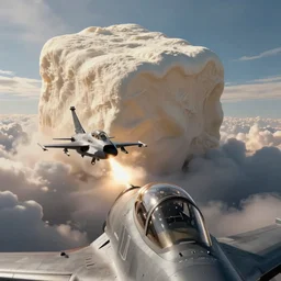 a view from the cockpit of a fighter jet attacking a giant marshmallow