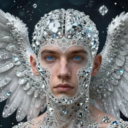 realistic extremely detailed diamond 3d fractal lace 3d skin photo style portrait painting of an average angel man with exposed clear brain , retro futuristic ,water , style hybrid mix of  beeple,Jean Delville, Amano,Yves Tanguy, Alphonse Mucha, Ernst Haeckel, Edward Robert Hughes,Stanisław Szukalski and  Roger Dean, rich moody colors,diamond dust glitter and sparkles,krypton ion,blue eyes,octane render,4k,f32