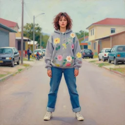 still from music video of barbara palvin from die antwoord standing in a township street, wearing a hoodie and flowers, street clothes, full figure portrait painting by martine johanna, ilya kuvshinov, rossdraws, pastel color palette, 2 4 mm lens