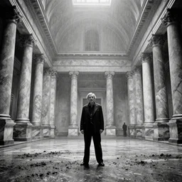movie still of a gigantic marble hall with high ceiling, cinestill 8 0 0 t black and white, by andrei tarkovsky, by piranesi, by magritte very heavy grain, high quality, high detail, ultra wide lens, sharpness, flares, anamorphic, foggy, mud, rain