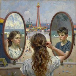 famous oil painting of girls comb their hair in rear view mirrors, boys try to look tough, the amusement park rises bold and stark, kids are huddled on the beach in a mist, by neo rauch