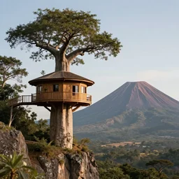 a modern treehouse made on the side of a cliff in madagascar, baobab tree, next to an enormous volcano, artstation, an epic fantasy, cinematic lighting, photographic, hyper realistic, photographic, sharp focus, by wolp and artgerm