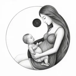 a drawing of a woman giving birth to yin - yang daoist symbol, black and white detailed pencil drawing gaia
