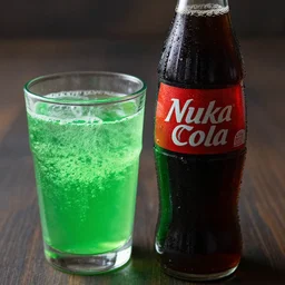 dslr food photograph of a bottle of nuka cola with a glass filled with glowing green bubbling liquid beside it, 8 5 mm f 1. 8