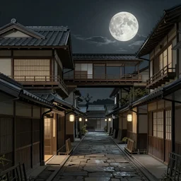Architectural section, steampunk, movie concept art, Traditional Japanese alley lane in full moon, octane render, trending on artstation, hyper detailed, cinematic