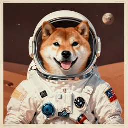 Shiba Inu cosmonaut portrait, mars mission,  60s poster, 1972 Soviet