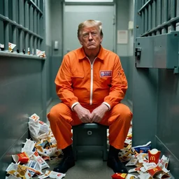 award winning photo of Donald Trump, wearing an orange jumpsuit, inside a prison cell, surrounded by used McDonald's wrappers, dramatic, hd, 4k, 35mm, f/22