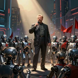 !!!!robot revolutionary!!!! speaking to a crowd of robots amid the backdrop of a cyberpunk city in the socialist realist style of lenin speaking to the red army by isaac brodsky