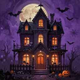 A painting of a haunted house with Halloween decorations, Trending on artstation.