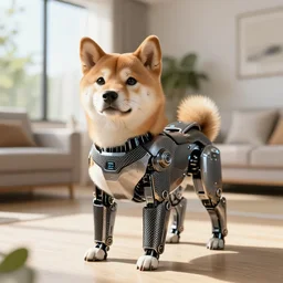 photo of a futuristic robot made of metal and carbon - fiber that resembles doge the shiba - inu, in a sunny suburban living - room.