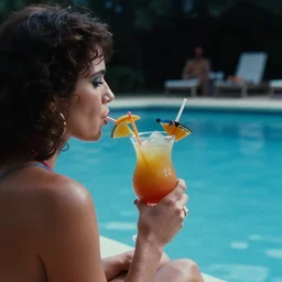 agent 4 7 drinking a tropical cocktail by the pool, over the shoulder perspective, in 1 9 8 5, y 2 k cybercore, industrial low - light photography, still from a terry richardson photo