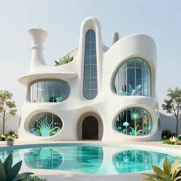 highly detailed futuristic architecture by Frank Lloyd Wright and Antoni Gaudí, reflective lighting, holographic, stylized vegetation, ground-level view, puddles of turquoise water, foggy atmosphere, stunning sunny lighting, sunrise, vivid colors, in the style of pixar animation, trending on Artstation, 8k, matte painting, ray tracing, hyper detailed, unreal engine 5, cinematic, epic lighting, cryengine, octane render, cyberpunk, red and orange glow, vibrant