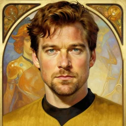 sebastian stan as a star trek captain, a still from star trek painted by alphonse mucha. clear highly detailed face, beautiful sci fi art