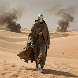 a cyborg dressed in a large cloak walking through a dangerous desert made by moebius, jean giraud & kilian eng moebiues style