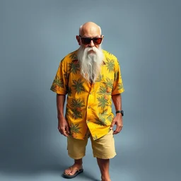 full body portrait of an old skinny ripped bald man with long white mustache and long white beard, in sunglasses and oversized yellow hawaiian shirt, shorts and flip - flops