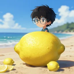 A lemon with glasses sitting on the beach , illustration, anime style, Artgerm, 4k, digital art, surreal, anime style, space dandy style, highly detailed, godsend, artstation, digital painting, concept art, smooth, sharp focus, illustration by Ruan Jia and Mandy Jurgens and William-Adolphe Bouguereau, Artgerm