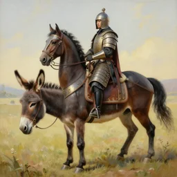 highly detailed painting of a armored horse riding a donkey