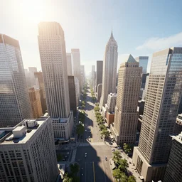 stunning panoramic view from high angle looking down over a city street during day time with bright sun shining through tall buildings into streets below, photo realistic, 3 d rendering, full hd