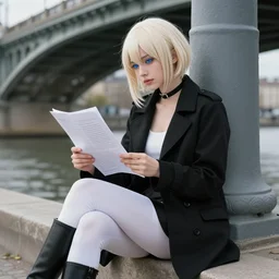 Platinum-blonde-haired hime-cut blue-eyed French empress wearing white leggings, black jacket, boots, sitting under bridge, reading paper