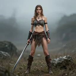 full body photo of a skinny female barbarian warrior