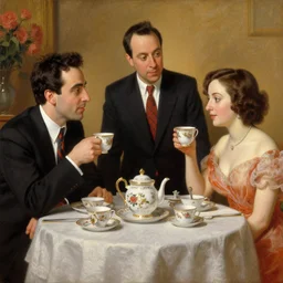 seinfeld fancy tea party, george costanza, kramer, elaine, oil on canvas, highly detailed, warm color scheme, soft lighting, sharp focus, adelaide labille - guiard, artemisia gentileschi