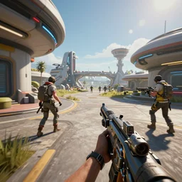 futuristic pubg game first person perspective. screenshot cinematic, future technology, future miramar, unreal engine 5 colorful, contrast, depth of field, 3 d scene, render, greg rutkowski, zabrocki, karlkka, jayison devadas, trending on artstation, 8 k, ultra wide angle, zenith view, pincushion lens effect
