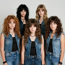 group of 1 9 - year - old girls with shaggy wavy hair, wearing double denim, proto - metal band promo, heavy rock band promo photo, 1 9 7 5 photo