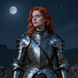 a portrait of a female night guard in armor, thin lustrous auburn hair, in Ankh Mor-Pork from Discworld by Terry Pratchett, dreamy night, eternity, romantic, highly detailed, in the style of Tom Bagshaw and Franz Xaver Winterhalter, highly detailed