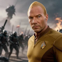close up cinematic artwork of captain picard staring down the enemy on the battlefield by Greg Rutkowski, 4k, masterpiece
