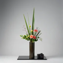 a photo of 8k Ikebana in flower vase, sougetsu, wide angle, full body, sony a7r3, ultra detail, photorealistic, in simple background