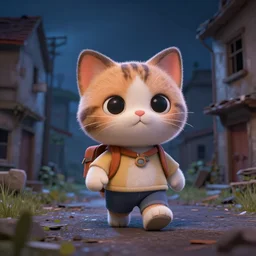 a cute kitten on an adventure through an abandoned town in the night, 3d scene, render, ultra realistic