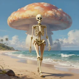 Professional painting of skeleton in bikini walks along the beach, big mushroom cloud in the background, trending on Artstation, realistic, ultra detail