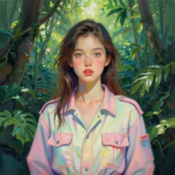 portrait of a beautiful girl in a dense jungle, staring, survival suit, pastel neon colors, beautiful face, rule of thirds, spotlight, drips of paint, expressive, passionate, by mandy jurgens, by vincent van gogh, digital painting