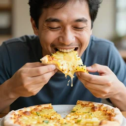 a man eating pineapple pizza and laughing, photography, highly defined features, HDR
