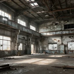 abandoned industrial factory interior, sunlight filtering, visible dust, digital art, trending on artstation