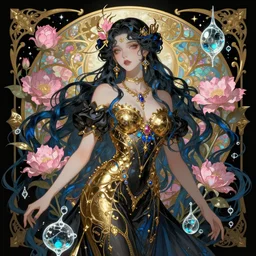 dark fantasy themed female sorceress, gold pink blue black colors scheme, flowers, glass, water, highly detailed, qichao wang, artgerm, cushart krenz, alfonse mucha, zeronis, trending on artstation, soft light, sharp edges, illustration, character design, concept art