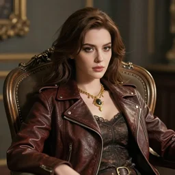 woman with brown hair sitting in a chair wearing a leather jacket and a golden necklace, ultra high detailed, Greg Rutkowski, Charlie Bowater, Yuumei, Yanjun Cheng, hyperrealistic, dynamic lighting, fantasy art, beautiful face