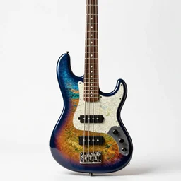 mosaic bass guitar, studio product photography, isolated on a pure white background, centered, entire object in frame, sharp focus, soft studio lighting