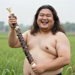 a photo of a very hairy and happy very fat man with long hair holding a 5 0 m long yam
