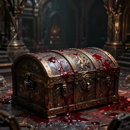 a chest covered in blood, dungeon, fantasy, hyper - realistic