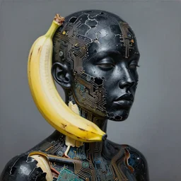 stunning person completely made out of chipped black paint, banana, exposed pc circuitry!! and white glossy plastic, greg rutkowski, oil on canvas, intricate design, high detail!!, trending on artstation, 4 k