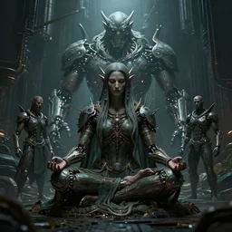 dark mechanical cyberpunk urban environment druid meditating - conjuction, by renato muccillo and andreas rocha and eddie mendoza, trending on artstation hq, deviantart, unreal engine 5, 4 k uhd image