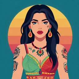 a portrait of tattooed slavic woman in retro colors, synthwave style, 2 d digital vector art